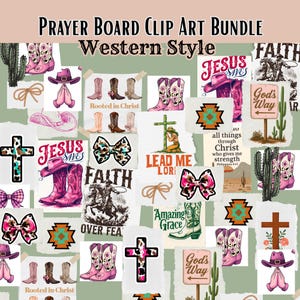 Könnte beinhalten: Eine Collage mit Western-Clip-Art-Elementen. Enthält Cowboy-Stiefel, Hüte, Kreuze, Schleifen und inspirierende Texte wie "Jesus Saves", "Faith" und "God's Way". Die Farbpalette umfasst Rosa, Braun, Grün und Türkis.