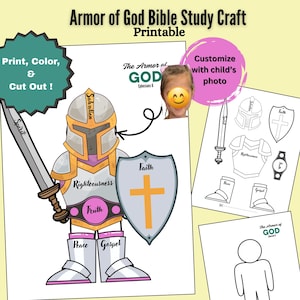 Artesanato para imprimir com a Armadura de Deus, Vista a Armadura de Deus, Artesanato para a Escola Bíblica para Crianças, Cartões de Oração de Efésios 6