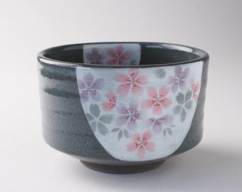 Mino ware Black Cherry Blossom Pattern Matcha Bowl