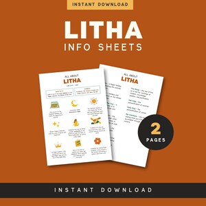 May include: Two printable info sheets about Litha, a summer solstice celebration. The sheets are illustrated with icons and text, including the date, symbols, and significance of the holiday.