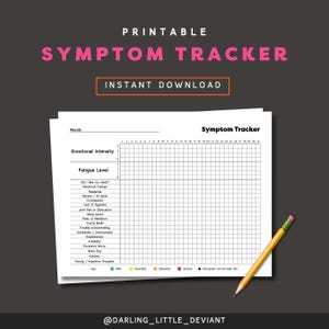 Può includere: Tracker di sintomi stampabile con una griglia per tracciare l'intensità emotiva, il livello di affaticamento e altri sintomi. Il tracker include una chiave per i livelli di gravità, che vanno da lieve a grave. Il testo "Tracker di sintomi" è in cima alla pagina.