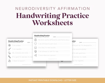 Feuilles d'exercices d'écriture manuscrite avec affirmations sur la neurodiversité | Feuilles d'exercices pratiques d'écriture | Feuilles d'exercices pratiques pour l'écriture soignée | Neurodiversité