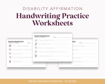 Feuilles de travail d'écriture manuscrite avec affirmations de handicap | Feuilles d'exercices pratiques d'écriture | Fiches pratiques d'écriture soignée