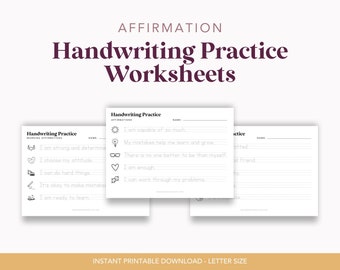 Feuilles d'exercices d'écriture manuscrite avec affirmations | Feuilles d'exercices pratiques d'écriture | Fiches pratiques d'écriture soignée