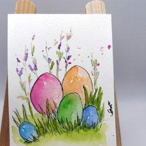 Handgemalte Aquarell Postkarte | Osterkarte | Eier im Gras | Ostern