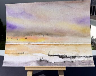 Origineel aquarel schilderij "Schemering boven de Waddenzee" – Handgeschilderd strandlandschap met trekvogels, uniek stuk, 24,5 x 34,5 cm