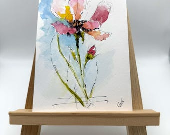 Original Miniatur Aquarell Blumenbild handgemalt | Schmuckkörbchen Cosmea | 10,5 cm b x  14,8 cm  DIN A6 auf Fine Art Aquarellpapier
