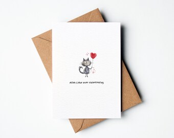 Humorvolle Karte Valentinstag mit Katze - Happy Valentines Day - DIN A 6 Aquarellpapier