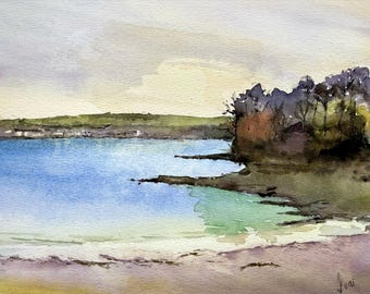 Original Aquarell Gemälde Landschaft am See  – Handgemalte Landschaft, Abenddämmerung am See, Unikat 38 cm x 26 cm