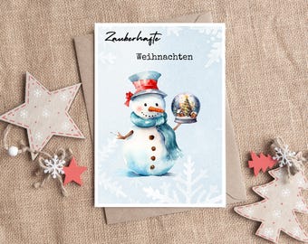 Lustige Weihnachtskarte mit Schneemann – Zauberhafte Weihnachten – Humorvolle Postkarte als Aquarellmotiv   Din A 6