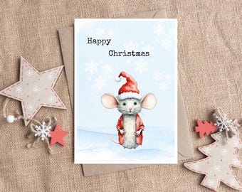 Happy Christmas – Süsse Maus mit Weihnachtsmütze -  Humorvolle Postkarte als Aquarellmotiv Din A 6
