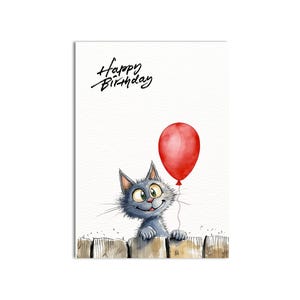 Humorvolle Geburtstagskarte mit Katze und Ballon | Happy Birthday | Postkarte zum Geburtstag | lustige Karte