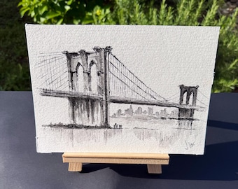 Originele tekening met aquarelverf en fineliner, 17 x 24 cm, "Brooklyn Bridge", monochroom, gesigneerd, stadsgezicht, architectuur.