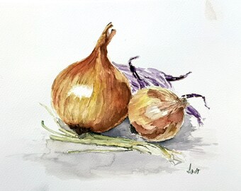 Handgemaltes Aquarell mit Gemüse  "Zwiebeln mit Lauch" Unikat  31 cm b x 23 cm h cm auf 100 % Cotton Aquarellpapier in Archivqualität