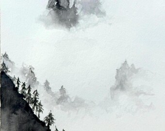 handgemaltes Aquarell im Format 17x24 cm  "Misty Mountains" Sumi - E Style Japan auf Cotton Aquarellpapier