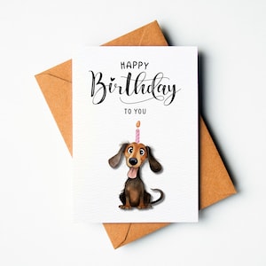 Geburtstagskarte mit Schriftzug Geburtstagskarte Dackel illustriert DIN A 6 Postkarte Geburtstag lustige Geburtstagskarte Dackelkarte