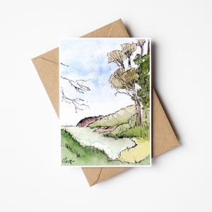 Handgemaltes Aquarell Landschaft Fluss und Bergen Kunstdruck  "Blick in die Bucht" DIN A 6 Aquarellpapier fsc zertifiziert