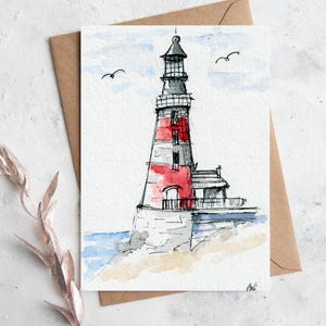 Handgemaltes Original Aquarell mit Leuchtturm DIN A6  Unikat mit  Signatur