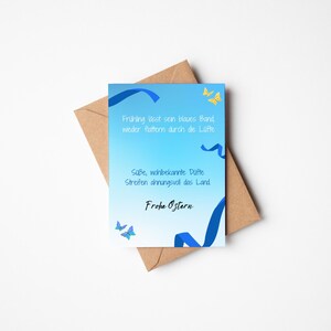 Postkarte Ostern Frühling DIN A 6 300g Aquarellpapier umweltfreundliches Papier Karte mit Gedicht blaues Band