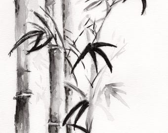 Originele tekening in aquarel en fineliner, 17 x 24 cm, van een minimalistische bamboeboom in de Sumi-E-stijl, illustratie voor wanddecoratie.