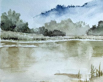 Handgemalt Original Aquarell Landschaft See mit Bergen 23cm x 31 cm  Unikat Gemälde  aus 100 % Baumnwollpapier
