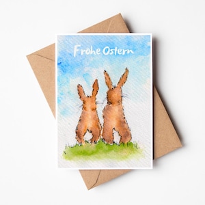 Frohe Ostern Postkarte – Osterkarte mit Hasen, Aquarell Ostergrußkarte, Niedliche Hasen Karte, Handgemalte Ostern Karte, Frühling Postkarte
