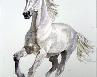 Handgemaltes Aquarell Weißes Pferd Original Gemälde Tierportrait  auf Premium Aquarellpapier in Archivqualität 23cm b x31 cm h