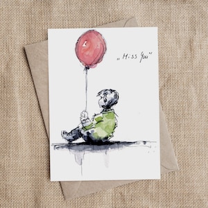 Handgemaltes Aquarell "Miss You" im  Postkartenformat DIN A6 auf Aquarellpapier Sehnsucht Wiedersehen Du fehlst mir kein Druck kein Print
