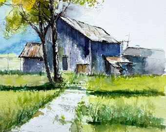 Handgemaltes Original Aquarell Landschaftsbild  "alte Scheune" 23cm x 31 cm Unikat Gemälde  aus 100 % Baumnwollpapier
