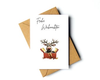 Lustige Weihnachtskarte mit Rentier  – Frohe Weihnachten – Humorvolle Postkarte mit Tiermotiv Weihnachtsgruß mit Rudolph Din A 6