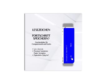 Può includere: Un segnalibro con il testo "LESEZEICHEN FORTSCHRITT SPEICHERN?" e un rettangolo blu con le parole "Fortschritt speichern? Ja Nein". Il segnalibro misura 5,3 cm x 15,5 cm.