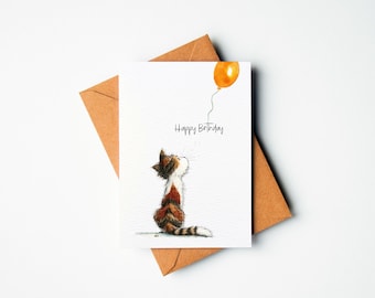 Humorvolle Aquarell Geburtstagskarte mit Katze und Ballon | Happy Birthday | Postkarte zum Geburtstag gedruckt auf umweltfreundlichem Papier