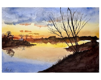 Origineel aquarel schilderij van een rivierlandschap bij zonsondergang – Handgeschilderd landschap, schemering aan het meer, uniek stuk, 37,5 cm breed x 25 cm hoog