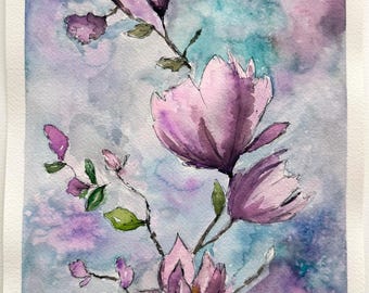 Handgeschilderde aquarel met bloemen "Magnolia's". Uniek stuk, 23 x 31 cm, 100% katoenpapier op een abstracte achtergrond.