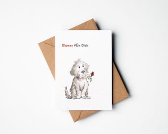 handgemalte Grußkarte mit Hund und Blume als auf  DIN A6 auf Premium Aquarellpapier