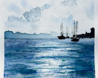Handgeschilderd origineel aquarel schilderij van een maritieme haven met unieke zeilschepen, Valletta, wanddecoratie, housewarming cadeau, 23 x 31 cm