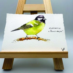 Handgemalte Postkarte Grußkarte Aquarell Original Kohlmeise  DIN A6  Einzelstück Unikat Original