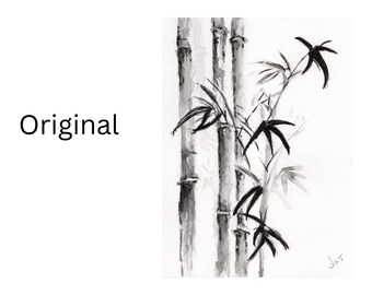 Aquarell Kunstdruck  17x24 cm Bambus minimalistisch im Sumi-E Stil , Schwarz-Weiß verschiedene Größen