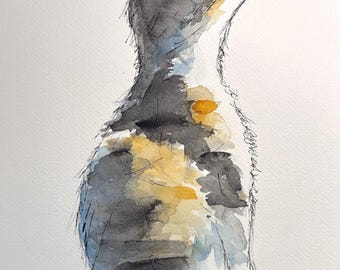 Handgeschilderd origineel aquarelwerk van een driekleurige kat, uniek stuk in het formaat 23 x 31 cm op 100% katoenpapier met fineliner en aquarelverf.