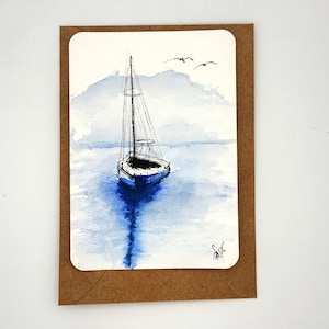 Handgemaltes Aquarell See mit Segelschiff im Postkartenformat DIN A6 auf  umweltfreundlichem Aquarellpapier| Maritim Natur
