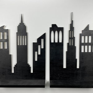 Superhero Room Shelves, Wall Shelves, Skyline Shelves, Superhero Theme, Superhero Themed Room, City Shelves, Boys Room Shelf, Wood Shelf