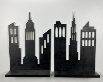 Superhero Room Shelves, Wall Shelves, Skyline Shelves, Superhero Theme, Superhero Themed Room, City Shelves, Boys Room Shelf, Wood Shelf