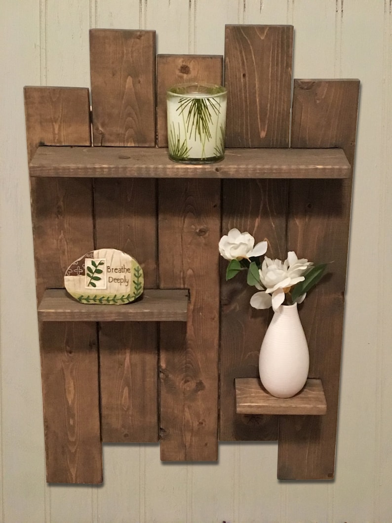 Rustic Wooden Pallet Shelf Features 3 Wooden Shelves Great For Bathroom Shelf and Bedroom Shelf bild 2