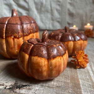 May include: Three ceramic pumpkin-shaped containers with lids. The pumpkins are a warm orange color with a dark brown top and stem. The pumpkins are on a wooden surface, with dried orange flowers.
