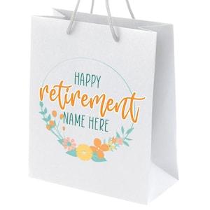 Personalisierte glückliche Ruhestand Geschenktasche, Blumenmuster für sie, Freund groß mittel klein Eco Präsenttasche Geschenk für Kollegen