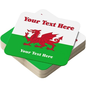 Posavasos personalizados de cerveza galesa - Bandera de Gales - Posavasos cuadrados de cartón para bebidas o para bares y pubs en casa -