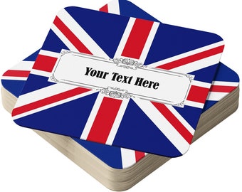 Personalised Beer Mats in Packs of 24, 48, 96 - Union Jack Flag - Absorbent Square Cardboard Drink Coasters or Home Bars Pubs - ADD TEXT