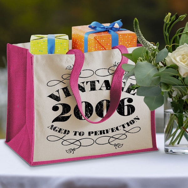 18th Birthday Vintage Jute Bag Keepsake Gift For Her, Birth Year 2006 Gift Bag, Shopper Bag, Travel Bag - Available in 4 Colours & 2 Sizes