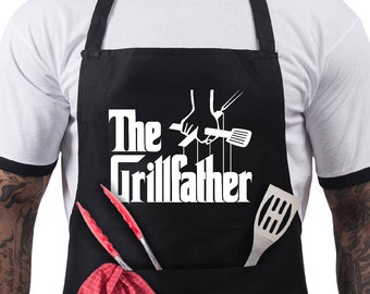 Funny BBQ Apron Cooking Aprons  Gifts for Men 100% Cotton 2 Pockets - The Grillfather Gift for Fathers Day