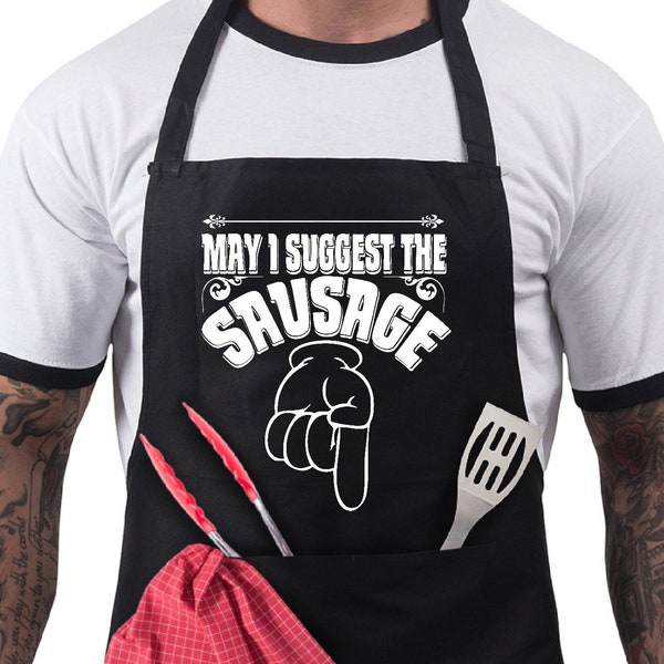 Bang Tidy Clothing Funny BBQ Apron Aprons Cooking Gifts for Men 100% Cotton 2 Pockets - May I Suggest The Sausage